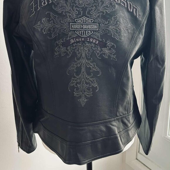 Harley-Davidson Black Leather Moto Jacket with Embroidered Filigree – US L - Picture 3 of 12